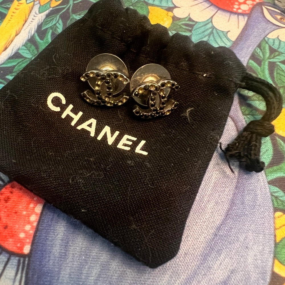CHANEL Black Logo Stud Earrings
